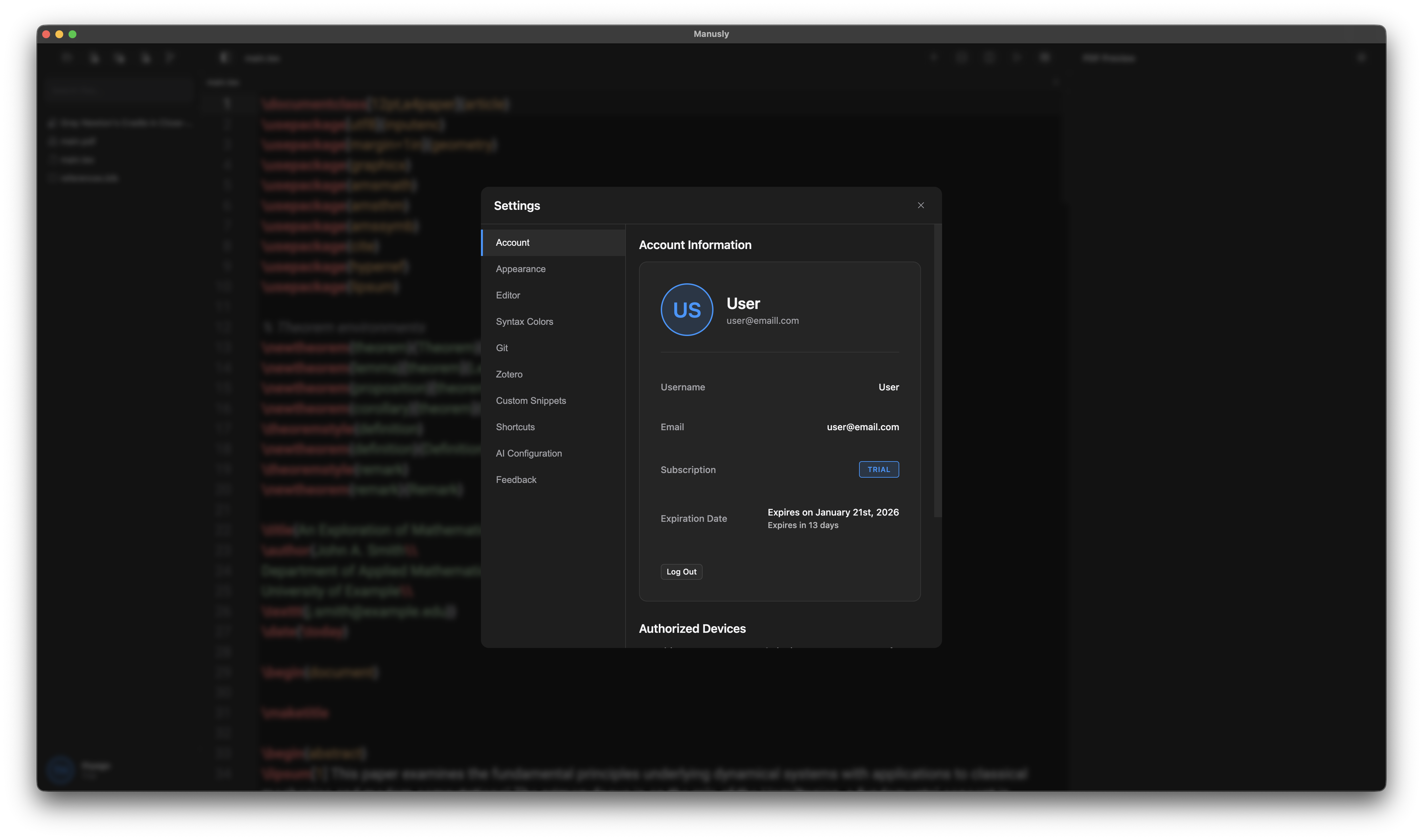 Manusly Settings Window